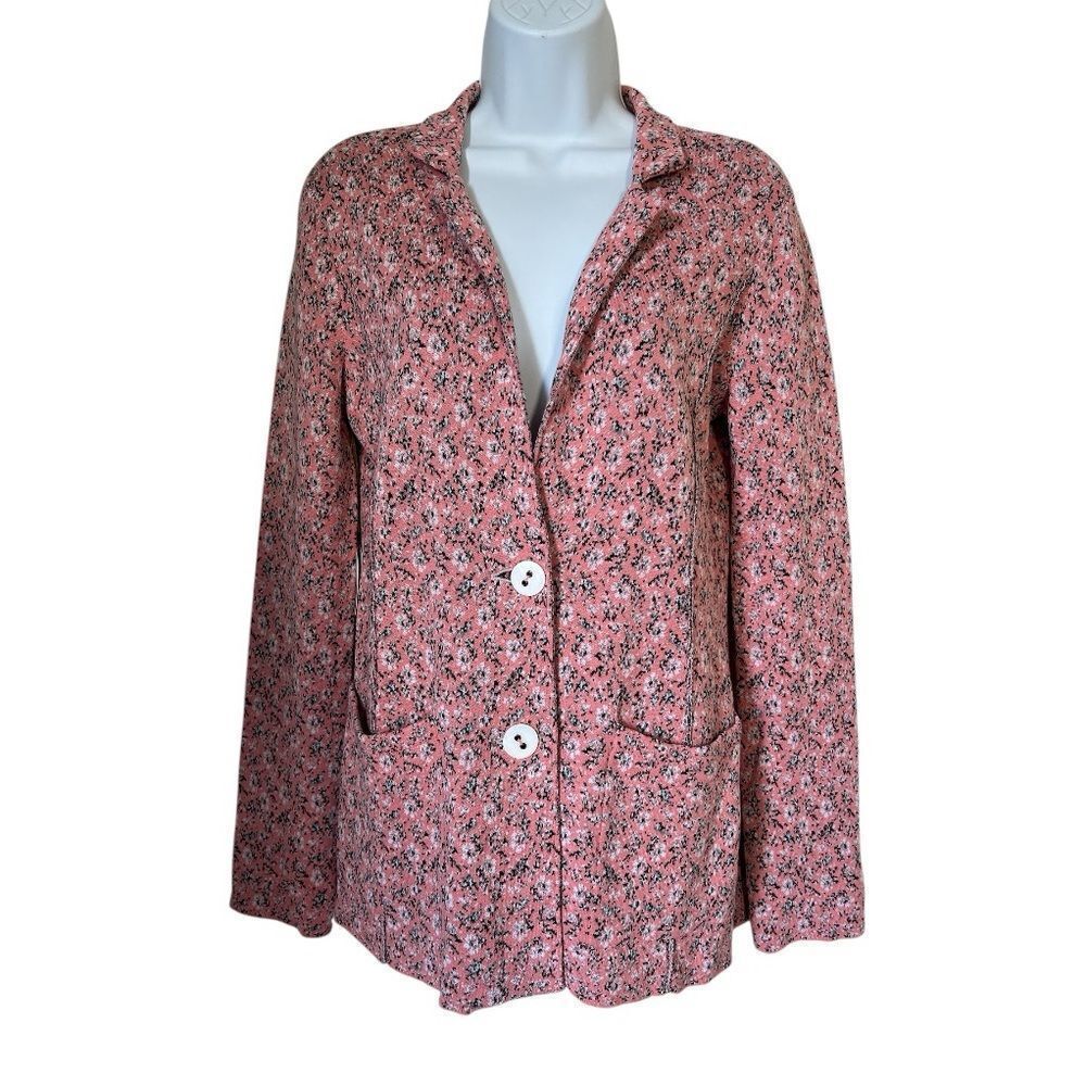 NWT Damask Floral Knit Pink Button Front Casual Chic Blazer Sweater Jacket Sz S